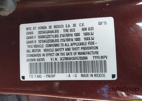 2015 Honda Cr-V Lx из США, поврежденный, VIN 3CZRM3H35FG705094